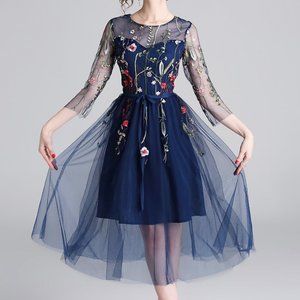 Navy Tulle Floral Embroidery Fit&Flare Midi Dress